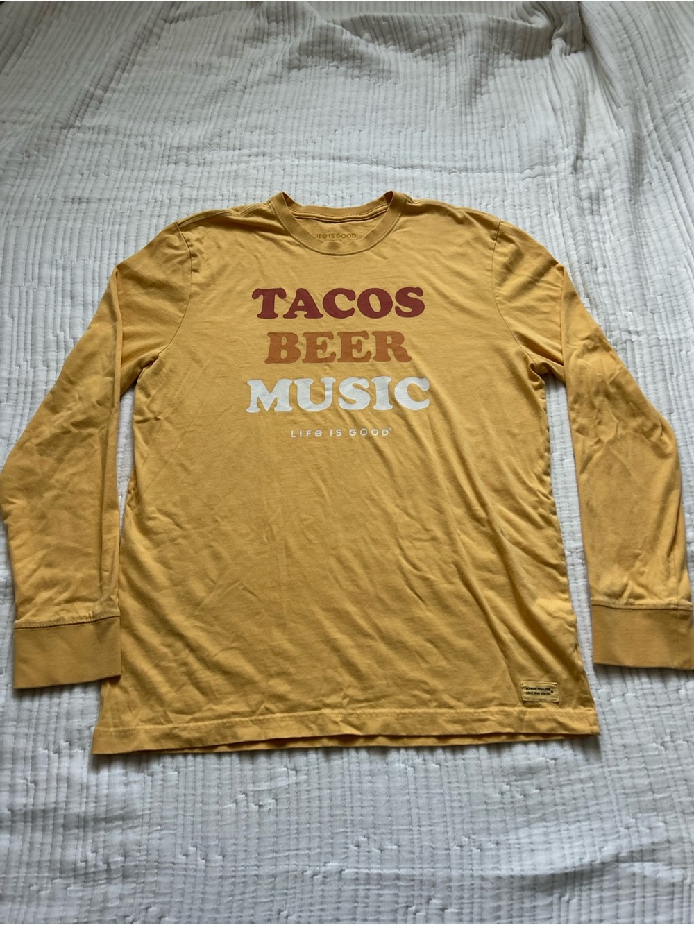 Life is Good Men’s Long Sleeve Tacos Beer Music Tee Mustard Yellow Size Large